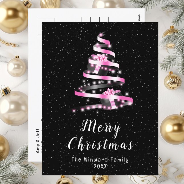 Pink and Black Ribbon Gift Merry Christmas Holiday Postcard (Creator Uploaded)