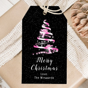 Pink and Black Ribbon Gift Merry Christmas Tags