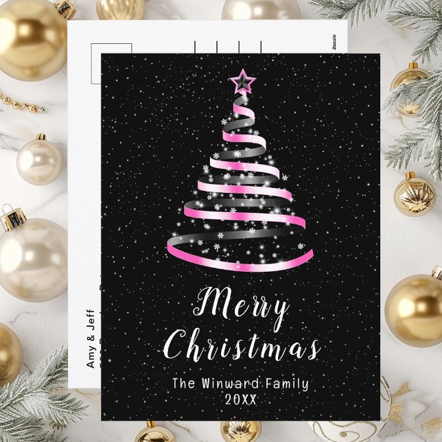 Pink and Black Ribbon Tree Merry Christmas Holiday Postcard (Creator Uploaded)