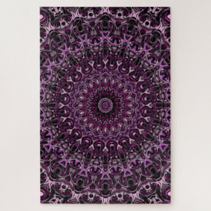 Pink and Black Rose Mandala with Floral Geometry Jigsaw Puzzle