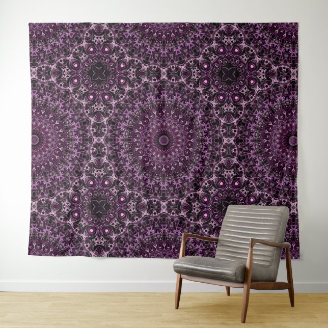 Pink and Black Rose Mandala with Floral Geometry Tapestry (In Situ (Horizontal))