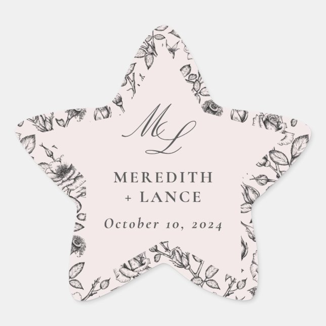 Pink and Black Rose Monogram Wedding Favour Star Sticker (Front)