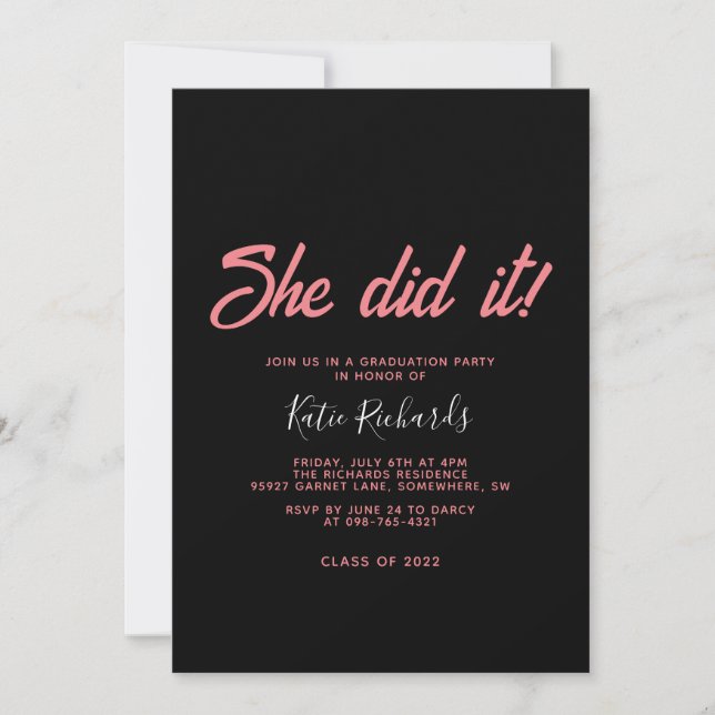 Pink and Black She did it Graduation Invitation (Front)