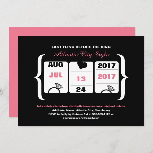 Pink and Black Slot Machine Bachelorette Invitation (Front/Back)
