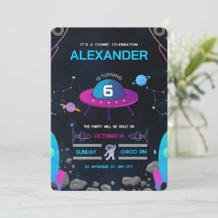 Pink and Black Space Themed Birthday Party  Invitation