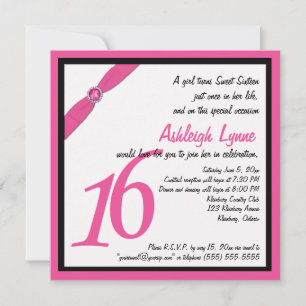 Pink and Black Square Sweet Sixteen Invitation