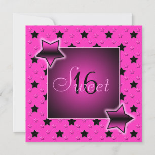 Pink and Black Stars Sweet Sixteen Invitation