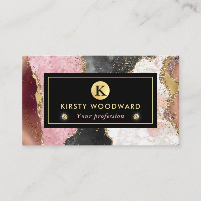 Pink and Black Stone with Gold Glitter Agate Business Card (Front)