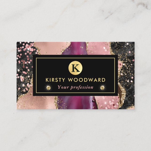 Pink and Black Stone with Gold Glitter Agate Business Card (Front)