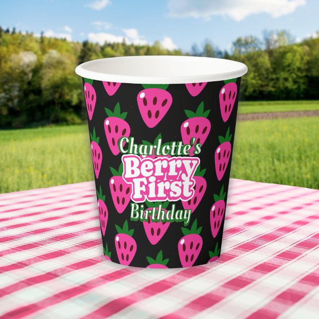 Pink and Black Strawberry Berry First Birthday  Paper Cups (Creator Uploaded)