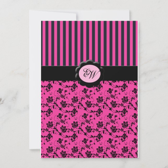 Pink and Black Striped Monogram Damask Invitation (Front)