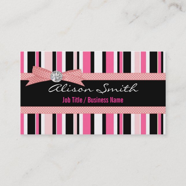 Pink and black stripes with bow business card (Front)