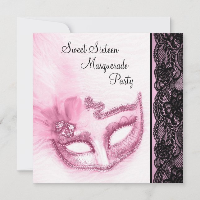 Pink and Black Sweet Sixteen Masquerade Party Invitation (Front)