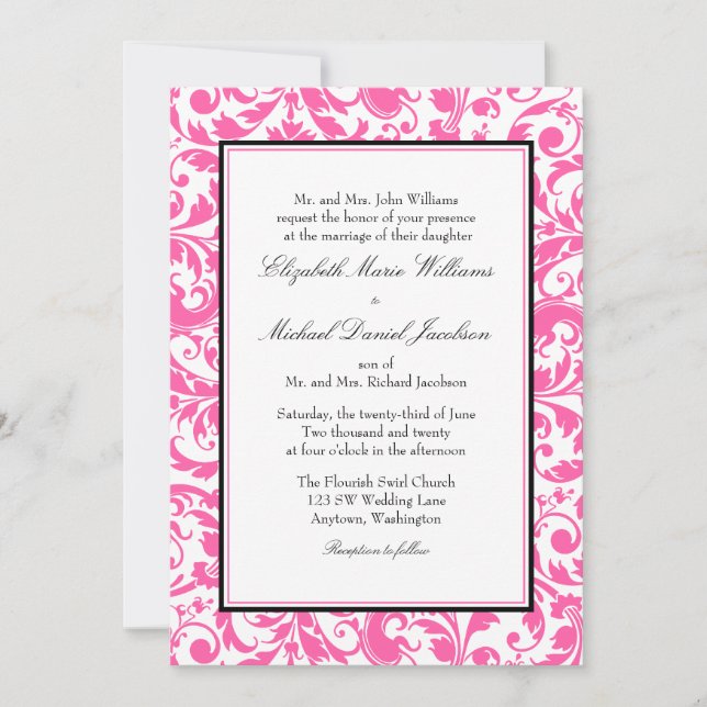 Pink and Black Swirl Damask Wedding Invitation (Front)