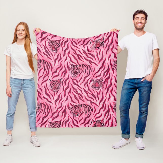 Pink and Black Tiger Print Pattern Fleece Blanket (In Situ)