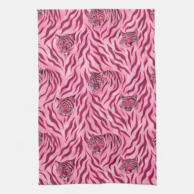 Pink and Black Tiger Print Pattern Kitchen Towel (Vertical)
