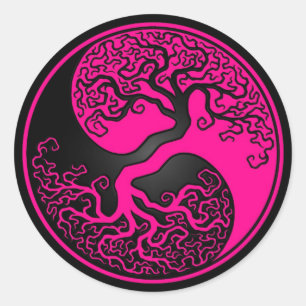 Pink and Black Tree of Life Yin Yang Classic Round Sticker