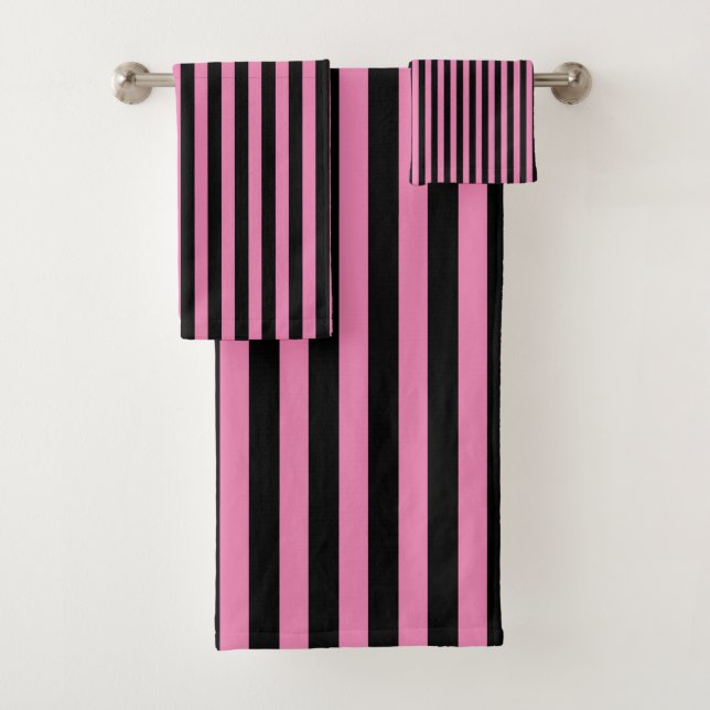 Pink and Black Vertical Stripes Bath Towel Set (Insitu)