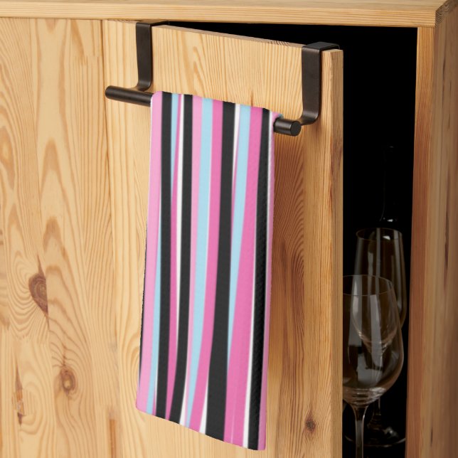 Pink and Black Vertical Stripes Kitchen Towel (Thirds Fold)