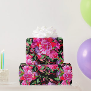 Pink And Black Watercolor Fuchsia Blooms Wrapping Paper