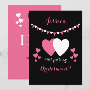 Pink and black with bunting and hearts Bridesmaid Invitation