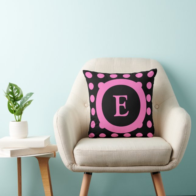 Pink and black with dots and initial of name throw pillow (Chair)
