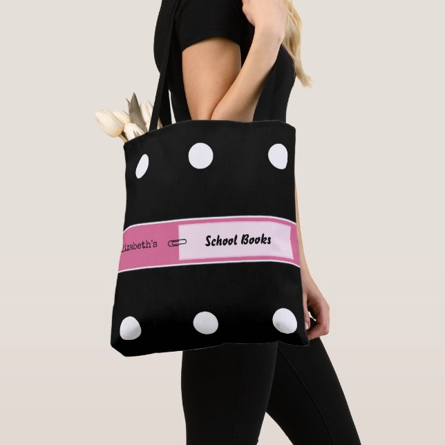 Pink and black with dots and name for school books tote bag (Close Up)