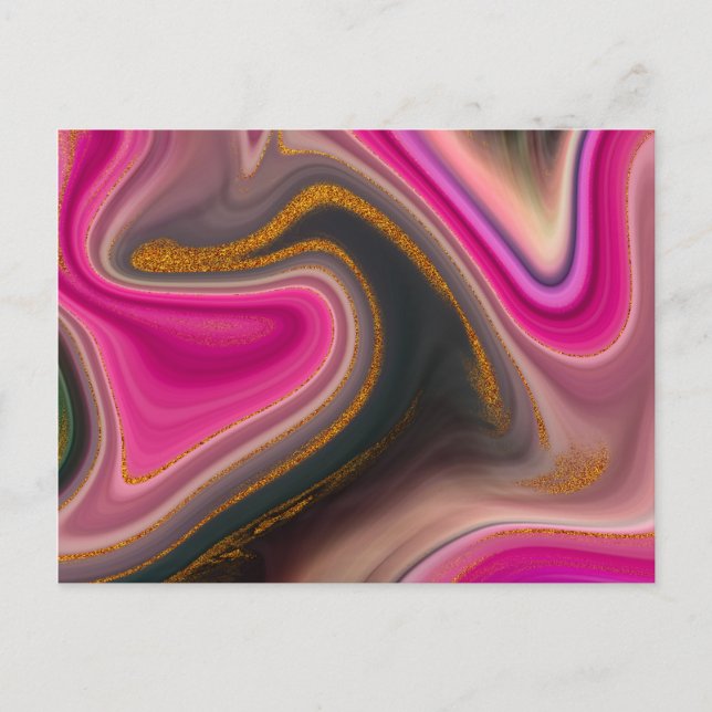 Pink and Black with Gold Swirls Abstract Postcard (Front)