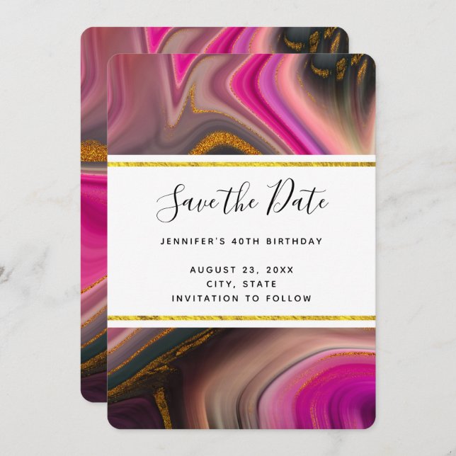Pink and Black with Gold Swirls Abstract Save The Date (Front/Back)