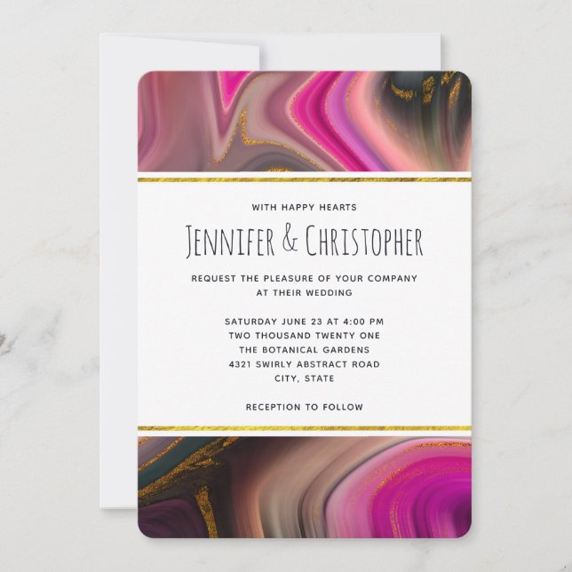 Pink and Black with Gold Swirls Abstract Wedding Invitation (Front)