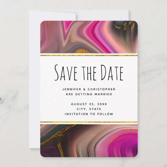 Pink and Black with Gold Swirls Abstract Wedding Save The Date (Front)