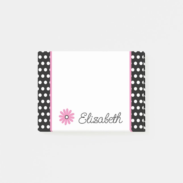 Pink and Black With White Polka Dots Personalized Post-it Notes (Front)