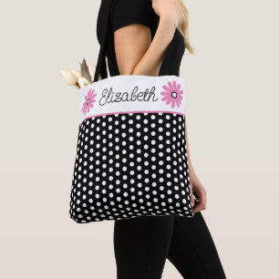 Pink and Black With White Polka Dots Personalized Tote Bag