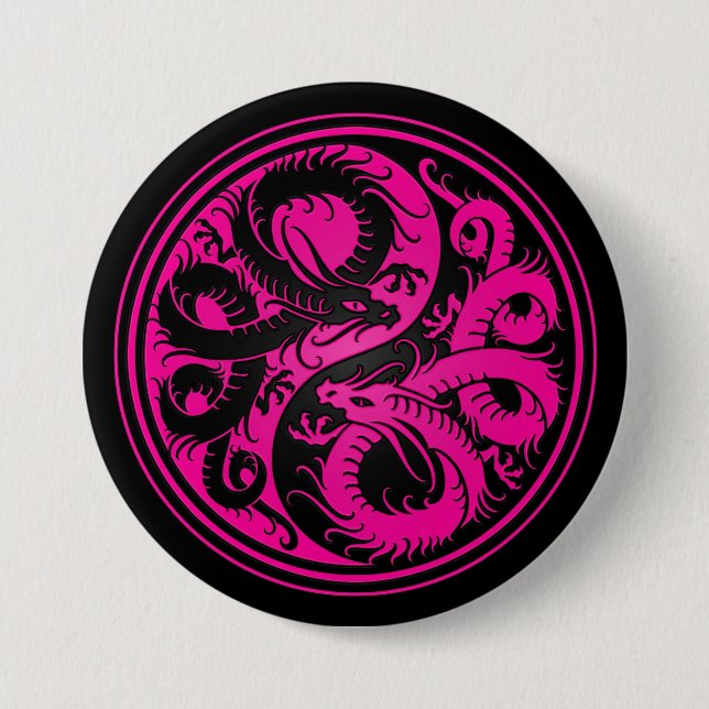 Pink and Black Yin Yang Chinese Dragons 3 Inch Round Button (Front)
