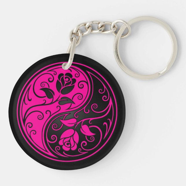 Pink and Black Yin Yang Roses Keychain (Back)