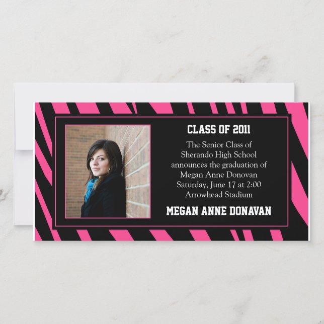 Pink and Black Zebra Photo Graduation Invitation (Front)