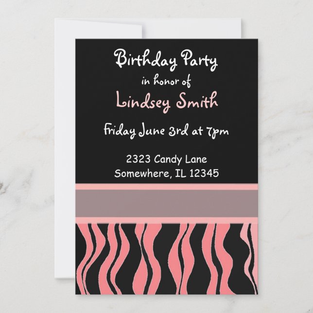Pink and Black Zebra Print Birthday Invitation (Front)