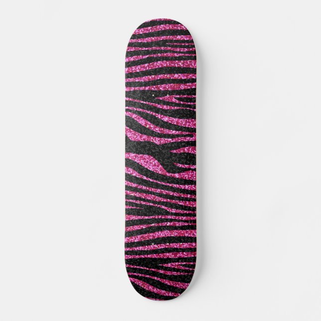 Pink and Black Zebra Print bling (faux glitter) Skateboard (Front)