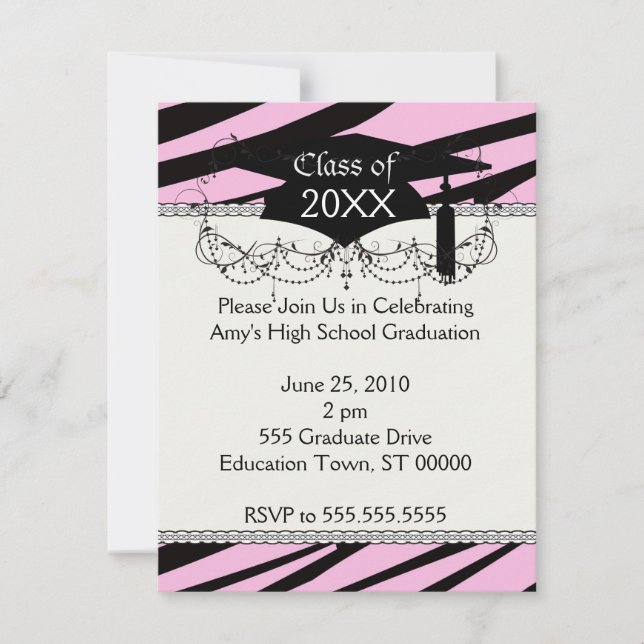 pink and black zebra print graduation invitation (Front)