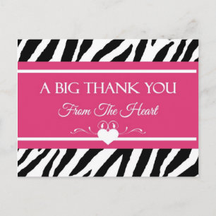 Pink and Black Zebra Print Thank You From Heart Postcard