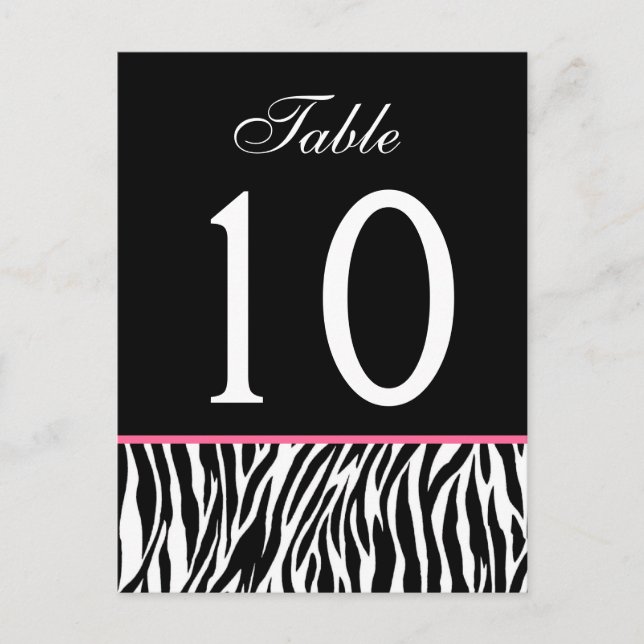 Pink and Black Zebra  Wedding Table Number Card (Front)