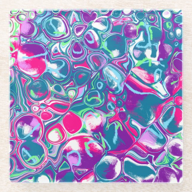 Pink and Blue Abstract Fluid Art Glass Coaster (Front)