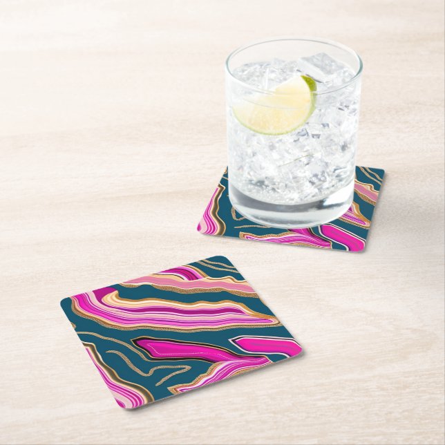 Pink and blue agate pattern square paper coaster (Insitu)