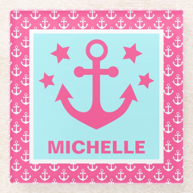 Pink and Blue Anchors Nautical Pattern Glass Coaster (Front)