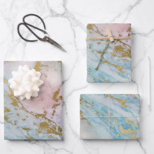 Pink and Blue and Gold Marble Look Wrapping Paper Sheet