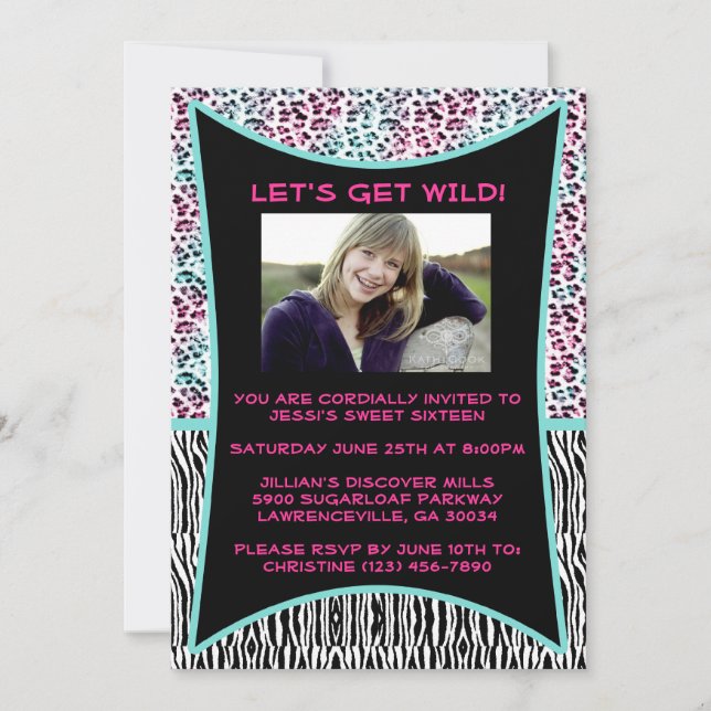 Pink and Blue Animal Print Sweet 16 Invitation (Front)