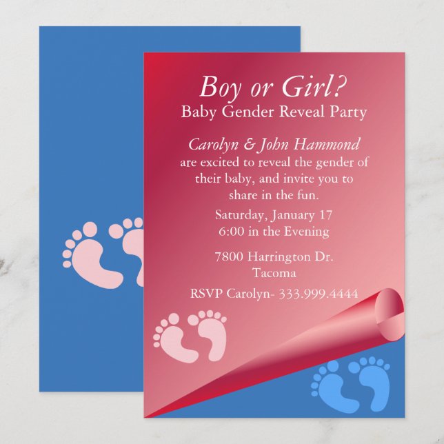 Pink and Blue Baby Genre Reveale Party Invitation (Devant / Derrière)