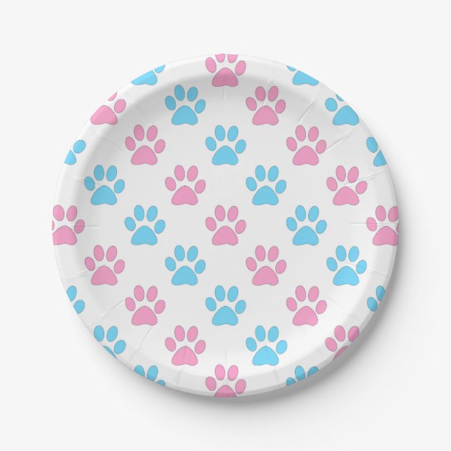 Pink and blue baby paws pattern paper plate (Front)