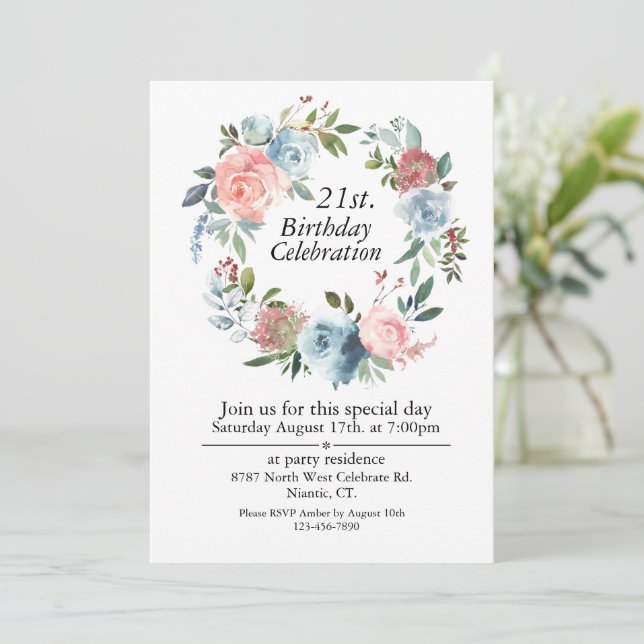 Pink and Blue Boho, Customizable 21st Birthday Invitation (Standing Front)