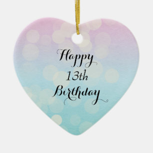 Pink and Blue Bokeh 13th Birthday Ceramic Ornament